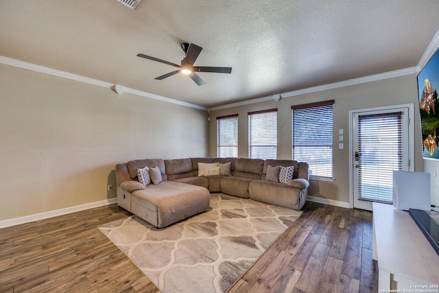 living room with hardwood / wood-style floors, a textured ceiling, ceiling fan, and crown molding