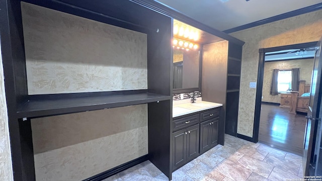 bathroom with vanity, wood-type flooring, and ornamental molding