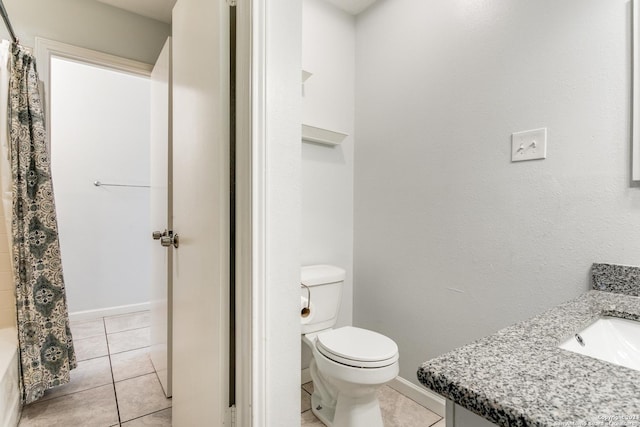 full bathroom featuring toilet, shower / bath combination with curtain, vanity, and tile patterned floors