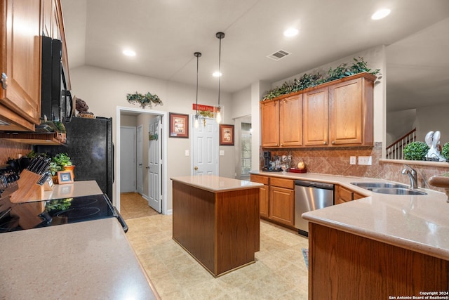 kitchen featuring sink, a center island, stainless steel dishwasher, decorative backsplash, and range