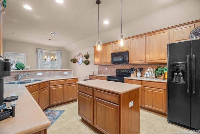 kitchen featuring a center island, backsplash, black appliances, hanging light fixtures, and a chandelier