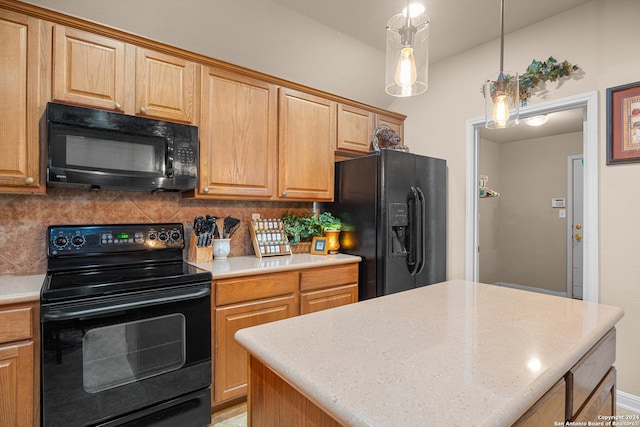 kitchen with black appliances, decorative backsplash, a kitchen island, and hanging light fixtures