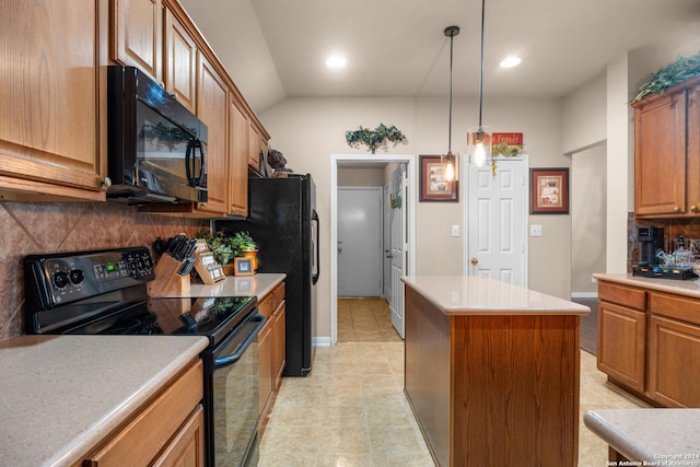 kitchen featuring a center island, lofted ceiling, black appliances, decorative backsplash, and light tile patterned floors