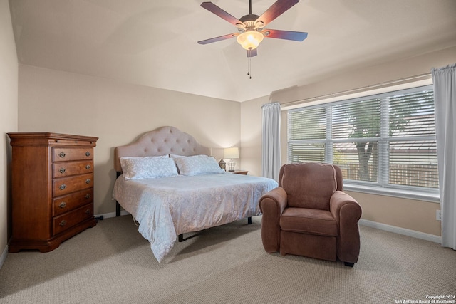 bedroom featuring ceiling fan and light colored carpet