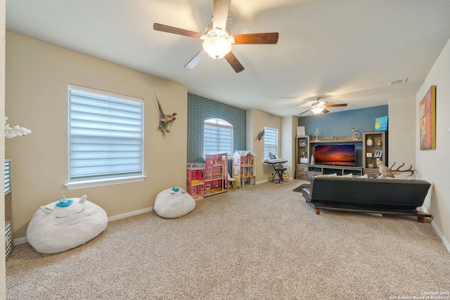 game room featuring ceiling fan and carpet floors