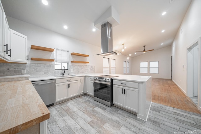 kitchen featuring white cabinets, sink, island exhaust hood, and appliances with stainless steel finishes