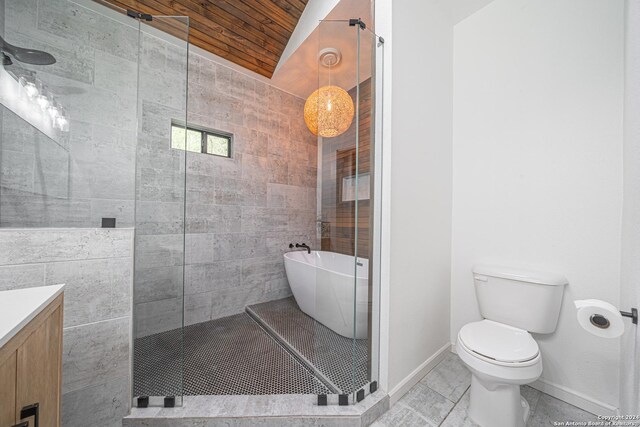 full bathroom featuring wood ceiling, vanity, plus walk in shower, toilet, and lofted ceiling