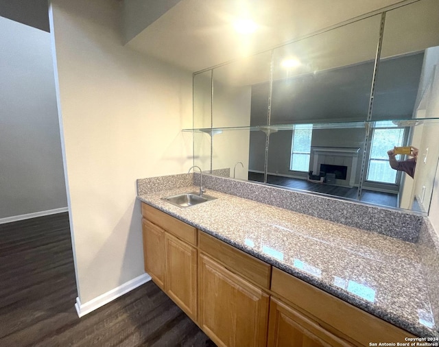 bathroom with hardwood / wood-style floors and vanity