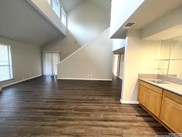 unfurnished living room with sink, high vaulted ceiling, and dark hardwood / wood-style floors