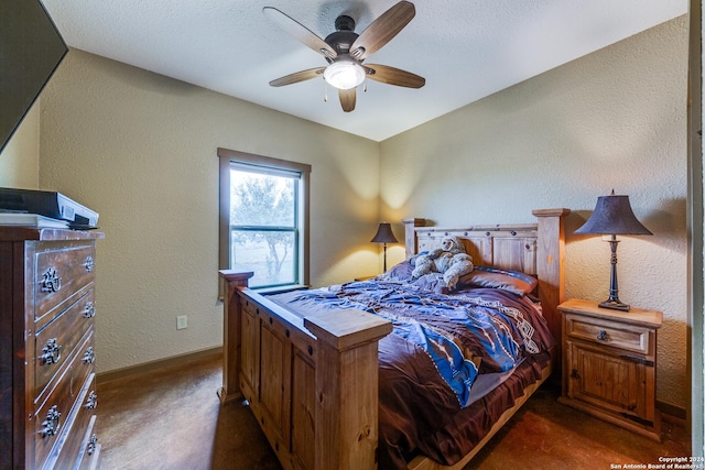 bedroom featuring ceiling fan, a textured ceiling, and dark colored carpet