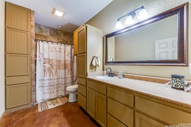 bathroom featuring vanity, a textured ceiling, toilet, and a shower with shower curtain