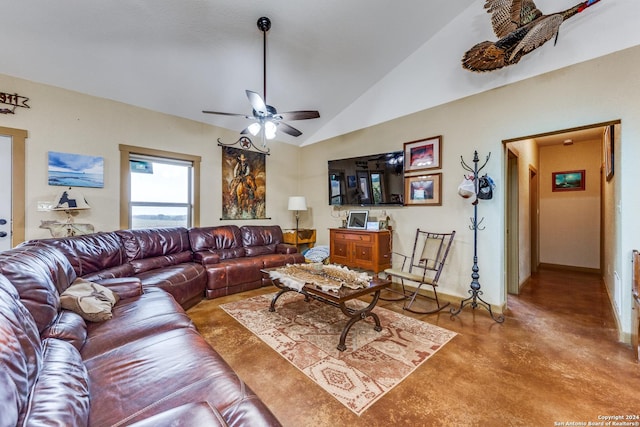 living room with ceiling fan, concrete floors, and vaulted ceiling