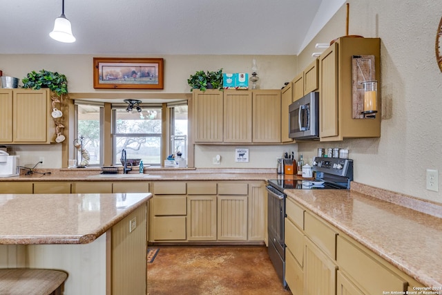 kitchen featuring a breakfast bar, black electric range oven, sink, hanging light fixtures, and light brown cabinetry