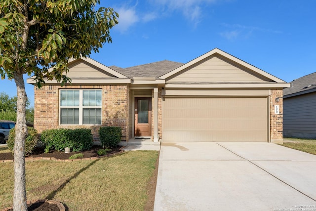 single story home featuring a front yard and a garage