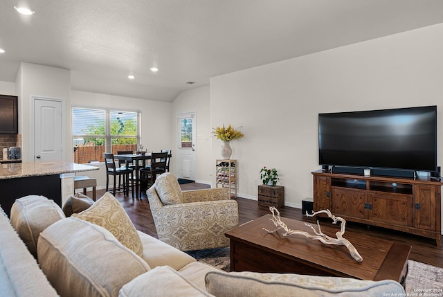 living room featuring dark wood-type flooring and vaulted ceiling