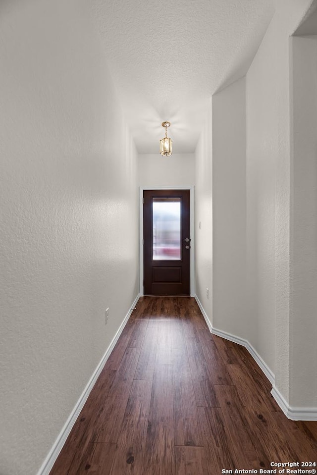 doorway featuring a chandelier and dark hardwood / wood-style floors