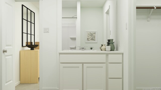 bathroom featuring a shower with curtain and vanity