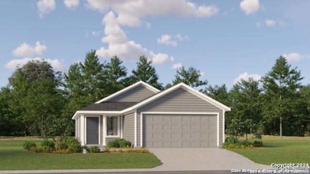 ranch-style house featuring a garage and a front lawn