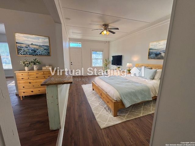 bedroom featuring dark hardwood / wood-style flooring, ceiling fan, and ornamental molding