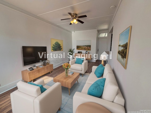 living room featuring ceiling fan, wood-type flooring, and ornamental molding