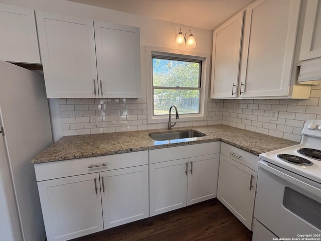 kitchen with stainless steel refrigerator, white cabinetry, sink, white electric range oven, and dark wood-type flooring