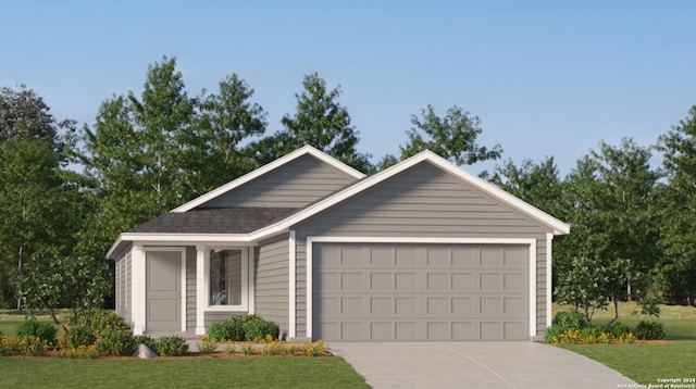 ranch-style home featuring a garage and a front yard