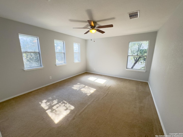 carpeted spare room with ceiling fan and plenty of natural light