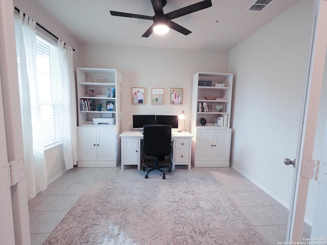 office area featuring ceiling fan and light tile patterned floors