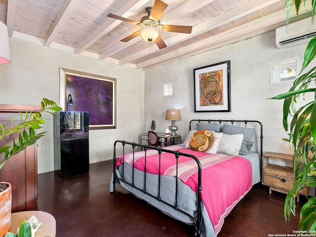 bedroom with beamed ceiling, multiple windows, a wall mounted AC, and ceiling fan