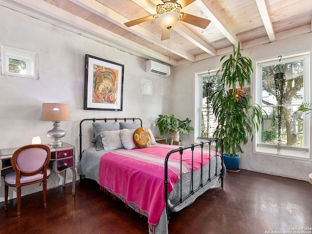 bedroom featuring wood ceiling, multiple windows, ceiling fan, and a wall mounted AC