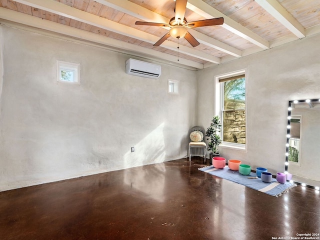 workout area with a wall mounted AC, ceiling fan, and wood ceiling