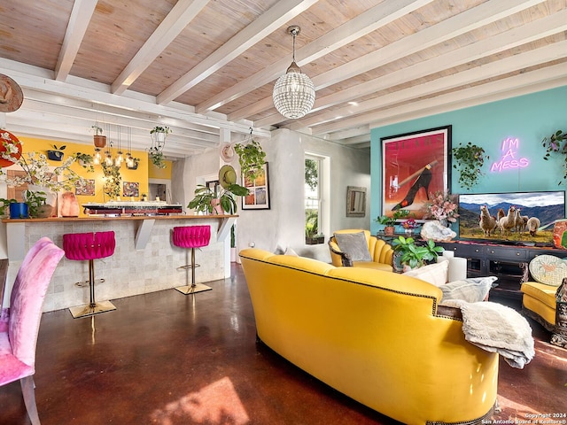 interior space featuring beamed ceiling, decorative light fixtures, and a chandelier