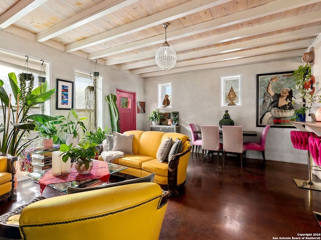 living room featuring wood ceiling, a wealth of natural light, beamed ceiling, and a chandelier