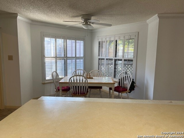 dining space with a textured ceiling, ceiling fan, a healthy amount of sunlight, and crown molding