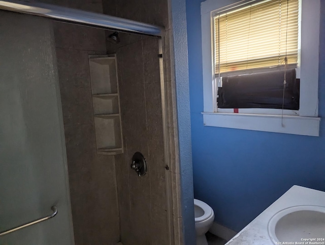 bathroom featuring vanity, toilet, and a shower with shower door