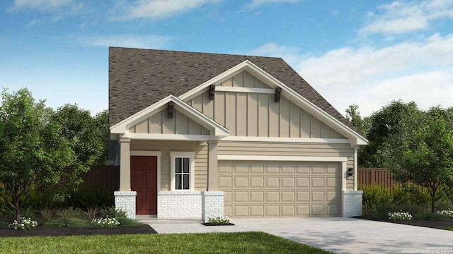 craftsman house featuring board and batten siding, a shingled roof, fence, concrete driveway, and an attached garage