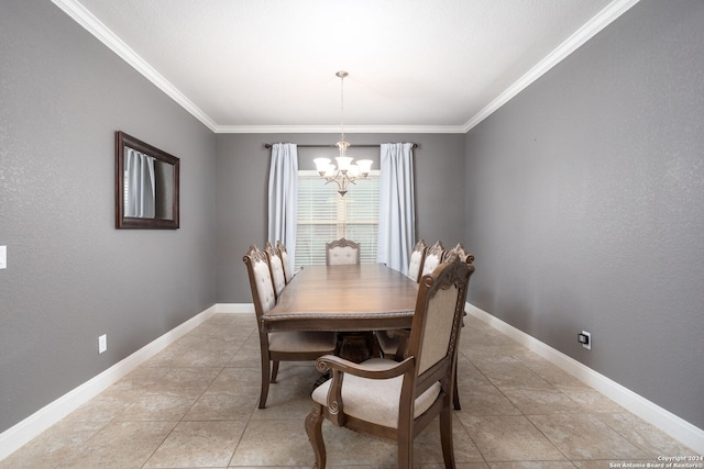 tiled dining area featuring a chandelier and crown molding