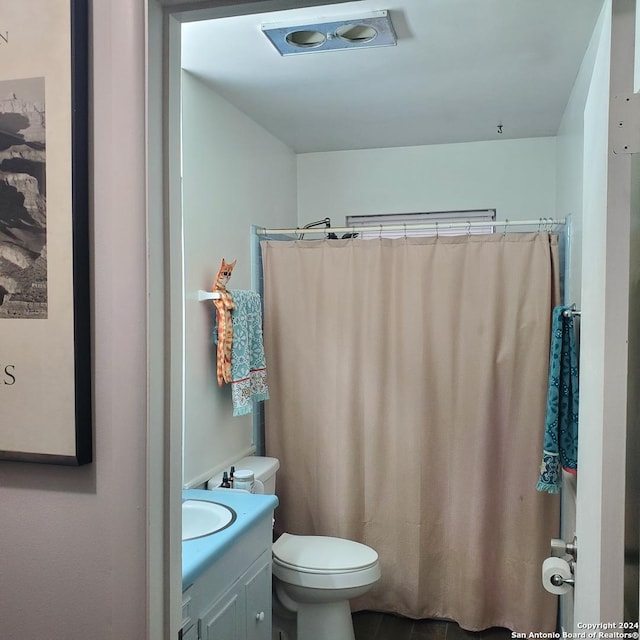 bathroom with vanity, toilet, and curtained shower