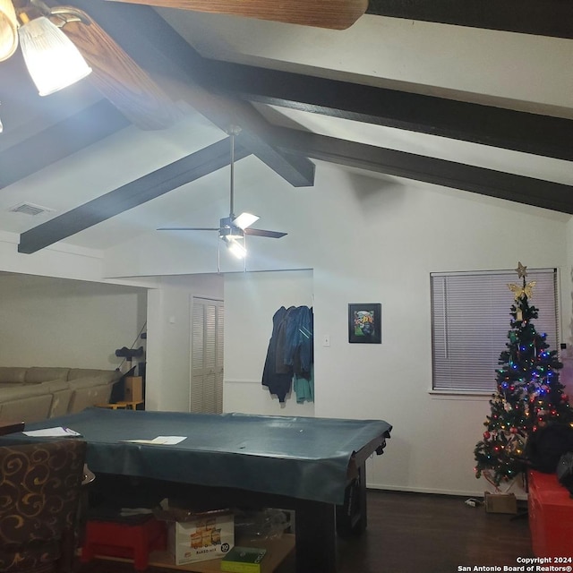 game room featuring ceiling fan, lofted ceiling with beams, dark hardwood / wood-style floors, and billiards