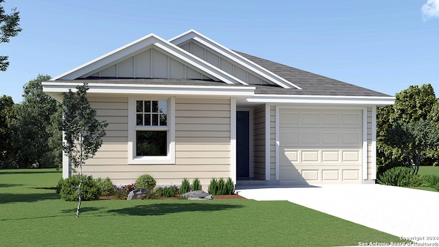 view of front of property with a front yard, driveway, a shingled roof, a garage, and board and batten siding