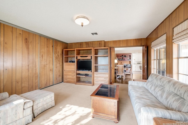 living room with light colored carpet, washer / clothes dryer, a textured ceiling, and wooden walls