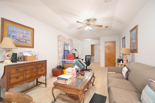 living room with ceiling fan and light colored carpet