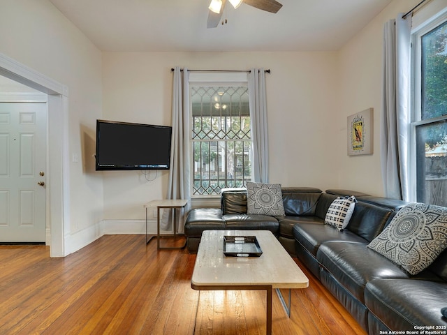 living room featuring hardwood / wood-style floors and ceiling fan