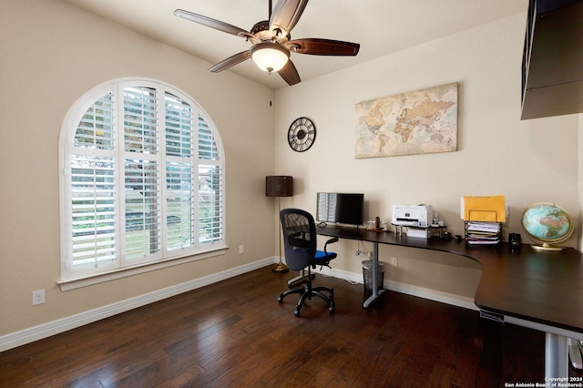 office space with ceiling fan and dark wood-type flooring