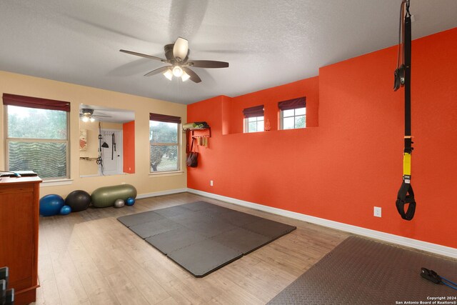 workout room with wood-type flooring, a textured ceiling, a wealth of natural light, and ceiling fan