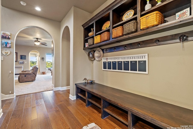 mudroom with hardwood / wood-style floors and ceiling fan