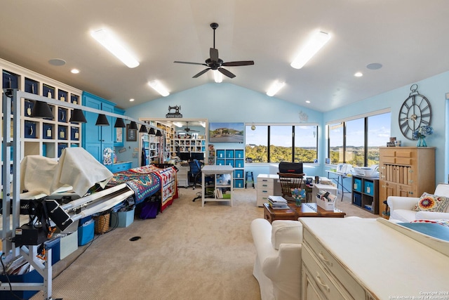 carpeted living room with lofted ceiling and ceiling fan