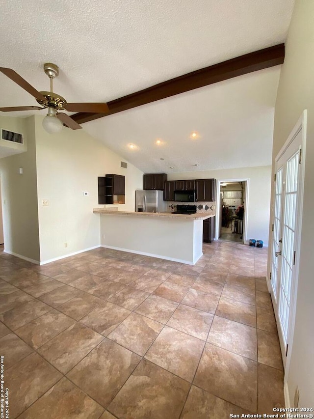 kitchen featuring ceiling fan, vaulted ceiling with beams, kitchen peninsula, stainless steel refrigerator with ice dispenser, and dark brown cabinets