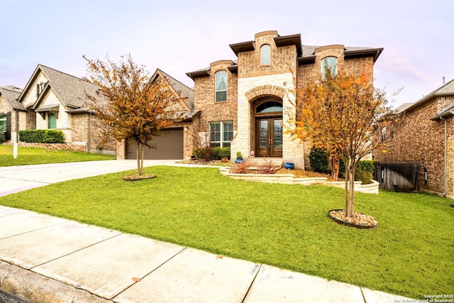 25828 Green Ter, San Antonio, TX 78255 - french provincial home with french doors, concrete driveway, stone siding, a garage, and brick siding