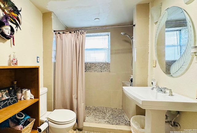 bathroom with toilet and a shower with shower curtain